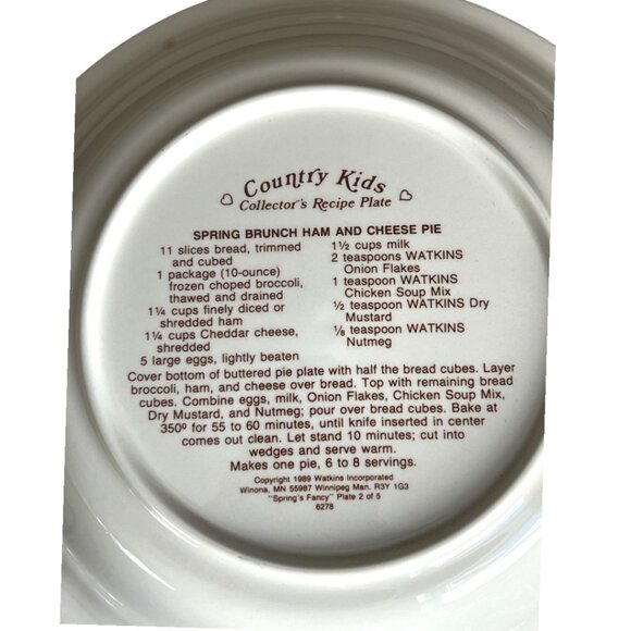 Vtg 1989 WATKINS Country Kids "Springs Fancy" Ceramic Recipe Pie Plate 10.75" D - Picture 15 of 16
